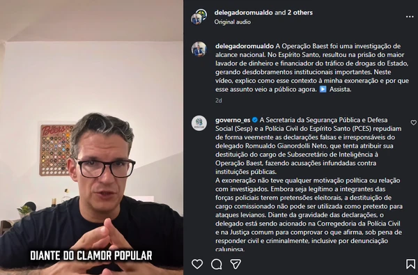 Delegado Romualdo Gianordoli faz acusações contra Polícia Civil e governo do Espírito Santo reage