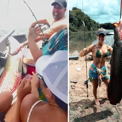 Marcella Ferreira conseguiu  tirar peixe da água com equipamento leve, indicado para até cinco quilos, e com a ajuda do marido, na tarde de sábado (10)