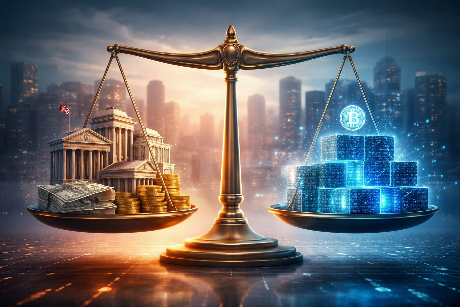 Entre moedas tradicionais e códigos digitais, a disputa central é pela confiança no dinheiro. Crédito: Imagem gerada pelo ChatGPT