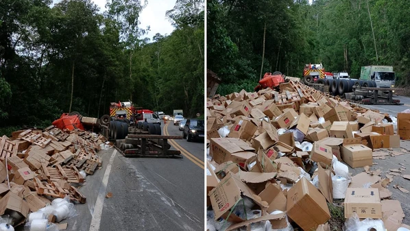 O motorista contou ao Corpo de Bombeiros que o acidente aconteceu após a carga 'puxar' o veículo; trânsito ficou em sistema de "pare e siga"
