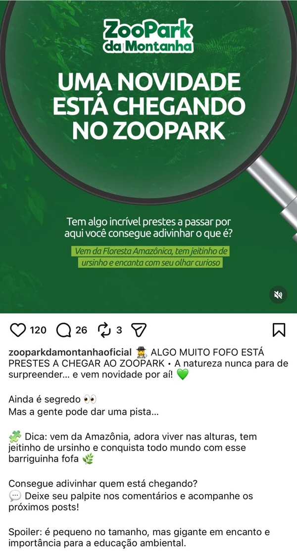 A novidade anunciada, mas ainda não revelada, pelo Zoo Park nas redes sociais