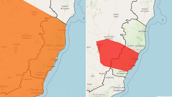 O aviso de maior risco vale para 44 cidades e o de cor laranja cobre todo o território capixaba