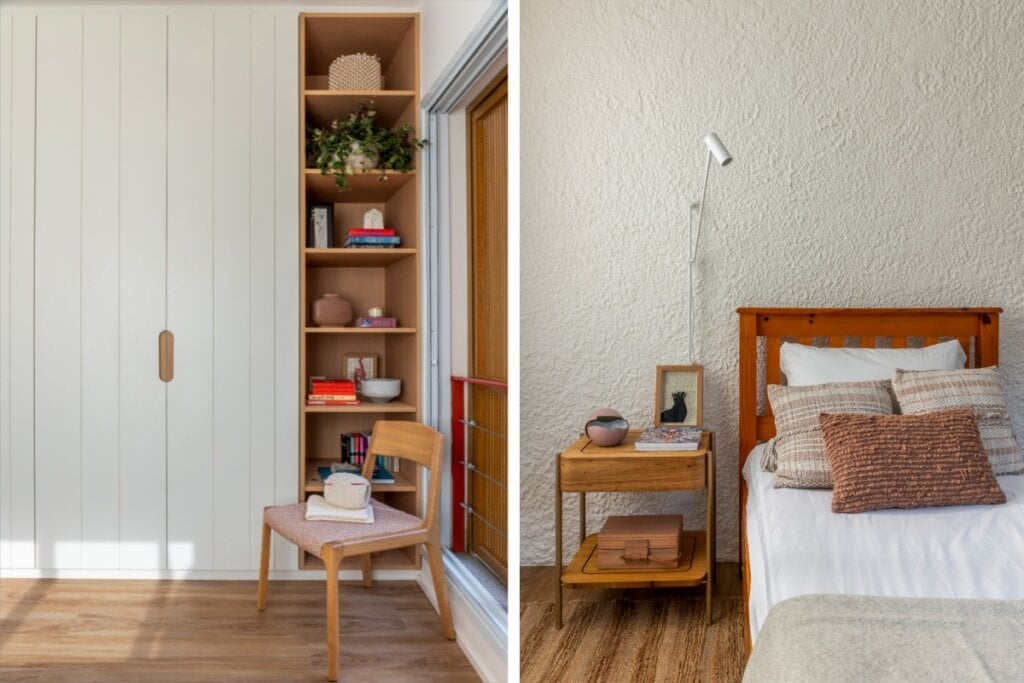 Investir em móveis para colocar no entorno da cama pode ser uma boa forma de enriquecer o ambiente (Projeto: Rawi Arquitetura + Design | Imagem: Rafael Renzo)