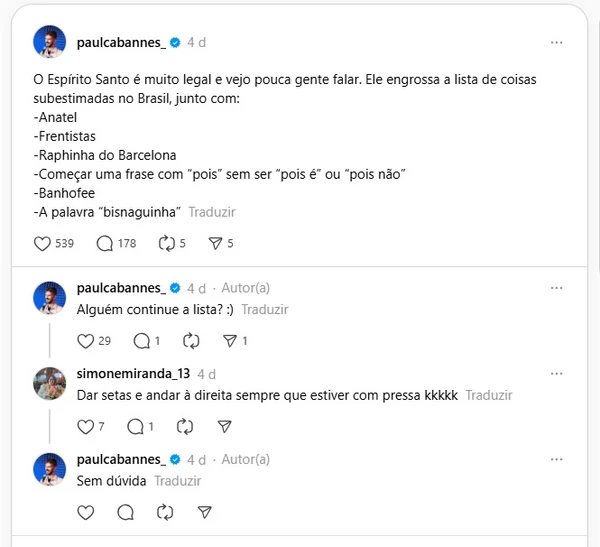 Paul Cabannes faz piadas sobre o ES nas rede sociais