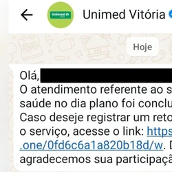 Cooperativa médica explica que aviso enviado pelo WhatsApp é referente a uma pesquisa de satisfação sobre atendimentos anteriores. "Não se trata de golpe, garantiu a empresa