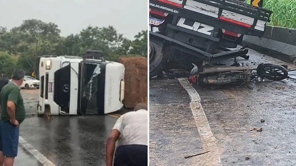 Colisão envolvendo carreta, caminhão e motocicleta aconteceu na manhã desta sexta-feira (23), no km 388, e bloqueia a rodovia nos dois sentidos