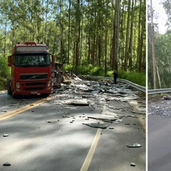 Acidente ocorreu na tarde de terça-feira (27) na ES 166 e deixou pista cheia de fragmentos de pedra; não houve feridos