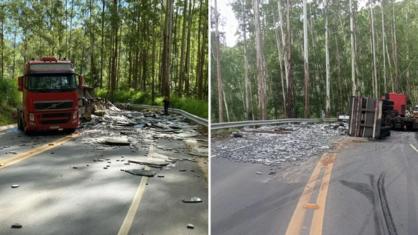 Acidente ocorreu na tarde de terça-feira (27) na ES 166 e deixou pista cheia de fragmentos de pedra; não houve feridos