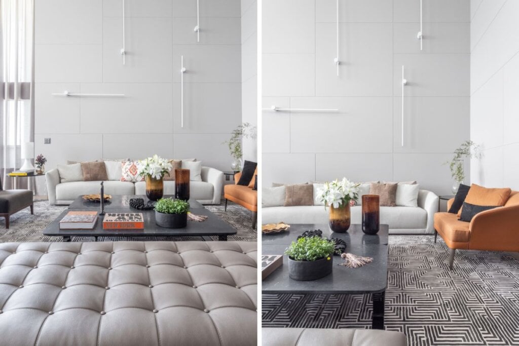 A textura traz cor, profundidade e valoriza ainda mais a área atrás do sofá (Projeto: Patricia Penna Arquitetura &amp; Design | Imagens: Leandro Moraes)