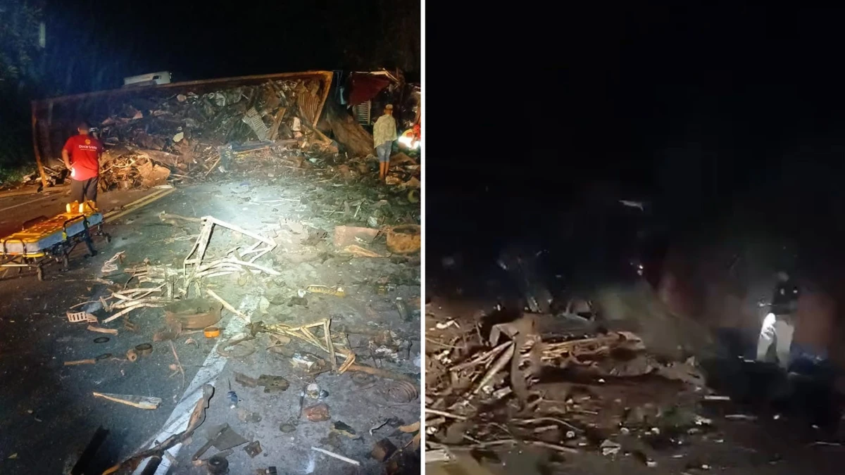 Tombamento de carreta interdita BR-101 em Mimoso do Sul