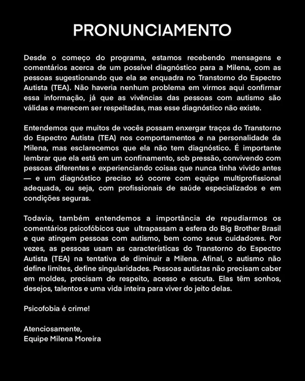 Equipe de Milena nega autismo e repudia comentários após briga