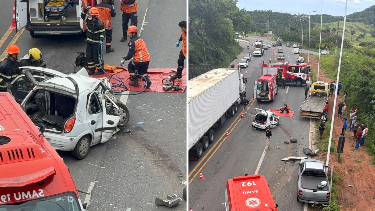 Mulher morre e pai e filha ficam feridos em grave acidente na BR-101, na Serra