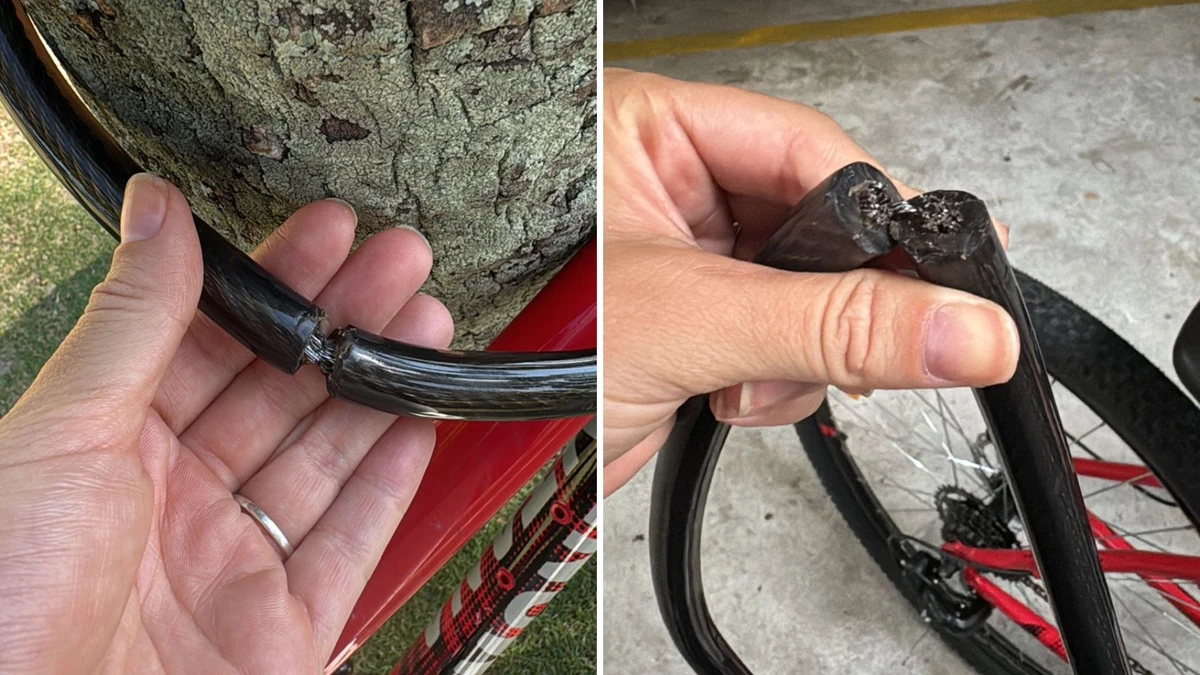 Cadeado de bicicleta ficou destruído após tentativa de furto na Praia da Guarderia