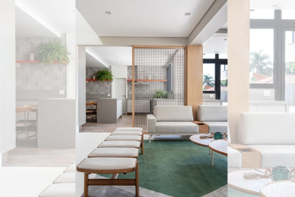 Painéis vazados em madeira cria transições suaves entre espaços integrados (Projeto: Amanda Brandão | Imagem: Adriana Barbosa)