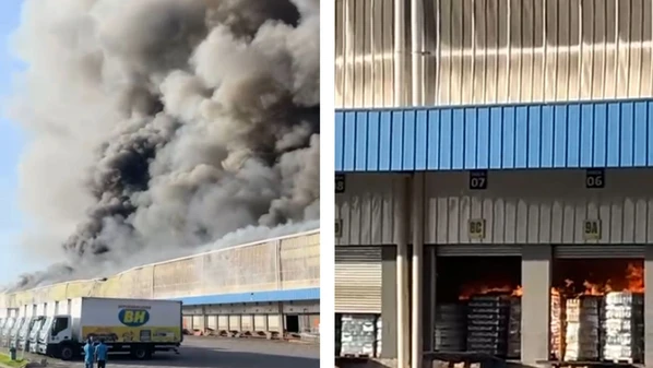 Militares seguem no combate às chamas, nesta terça-feira (10), no galpão logístico incendiado no último sábado (7)