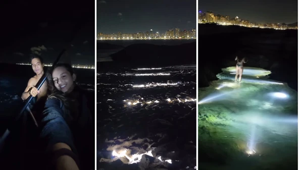 Gabriel Rocha levou a namorada de prancha até a Ilha de Itatiaia e montou todo um cenário iluminado, com direito a piscina natural noturna; vídeo ultrapassa os 2 milhões de visualizações