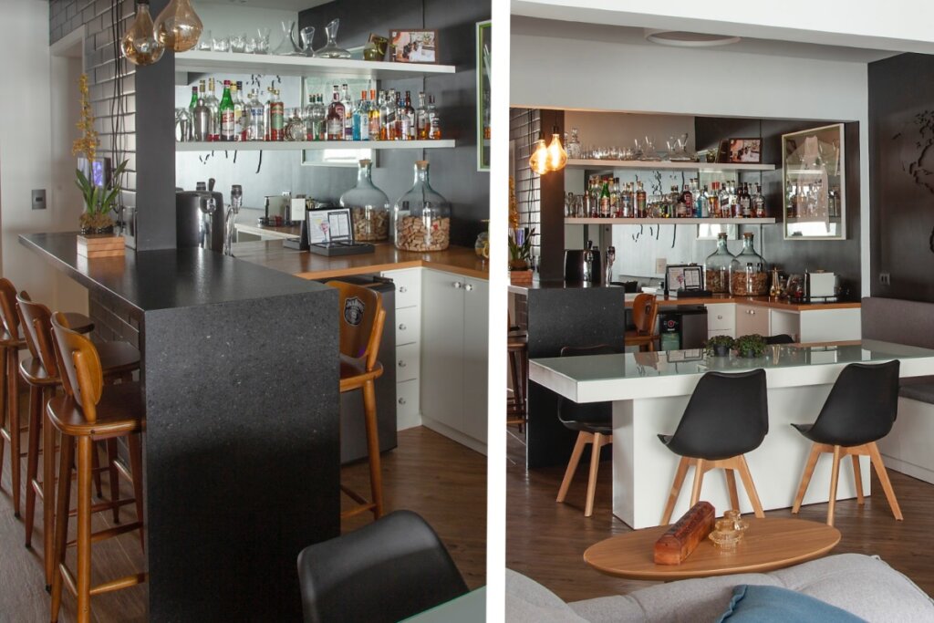 O balcão com banquetas cria um espaço descontraído para receber convidados (Projeto: Cristiane Schiavoni | Imagens: Luis Gomes)