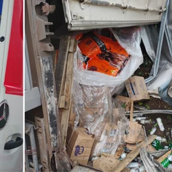 Veículo transportava produtos de uma rede de supermercados; motorista foi levado para hospital