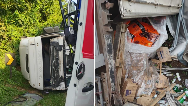 Veículo transportava produtos de uma rede de supermercados; motorista foi levado para hospital