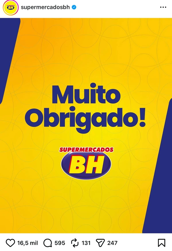 A mensagem de agradecimento do Supermercados BH nas redes sociais