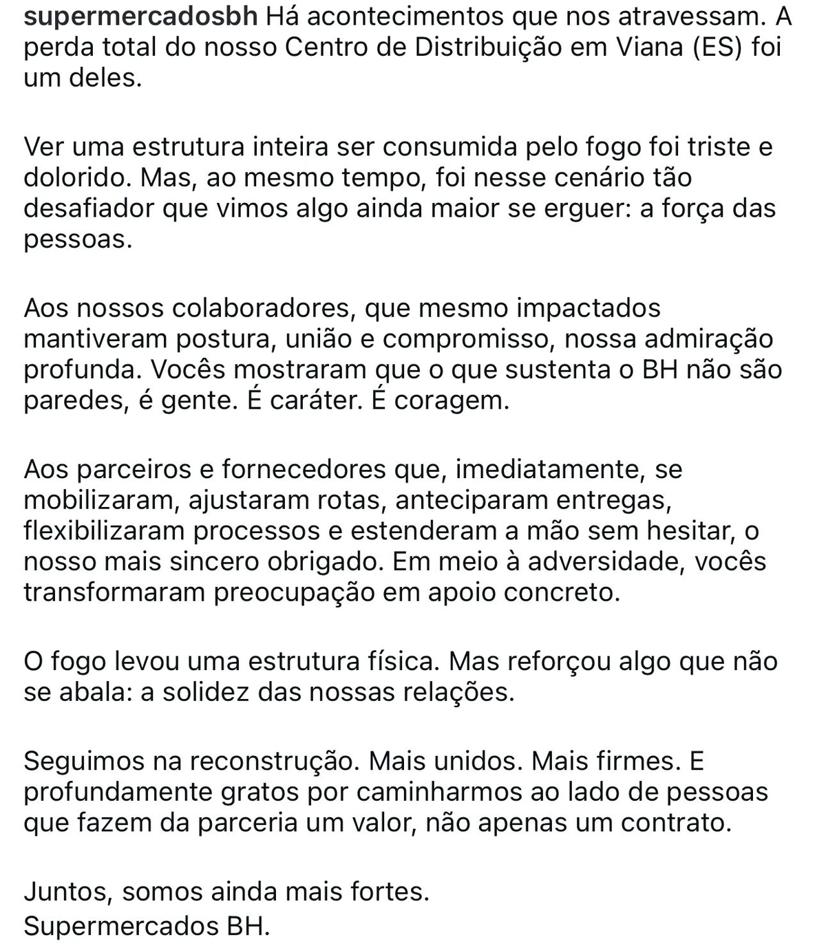 A mensagem de agradecimento do BH publicada no Instagram da empresa