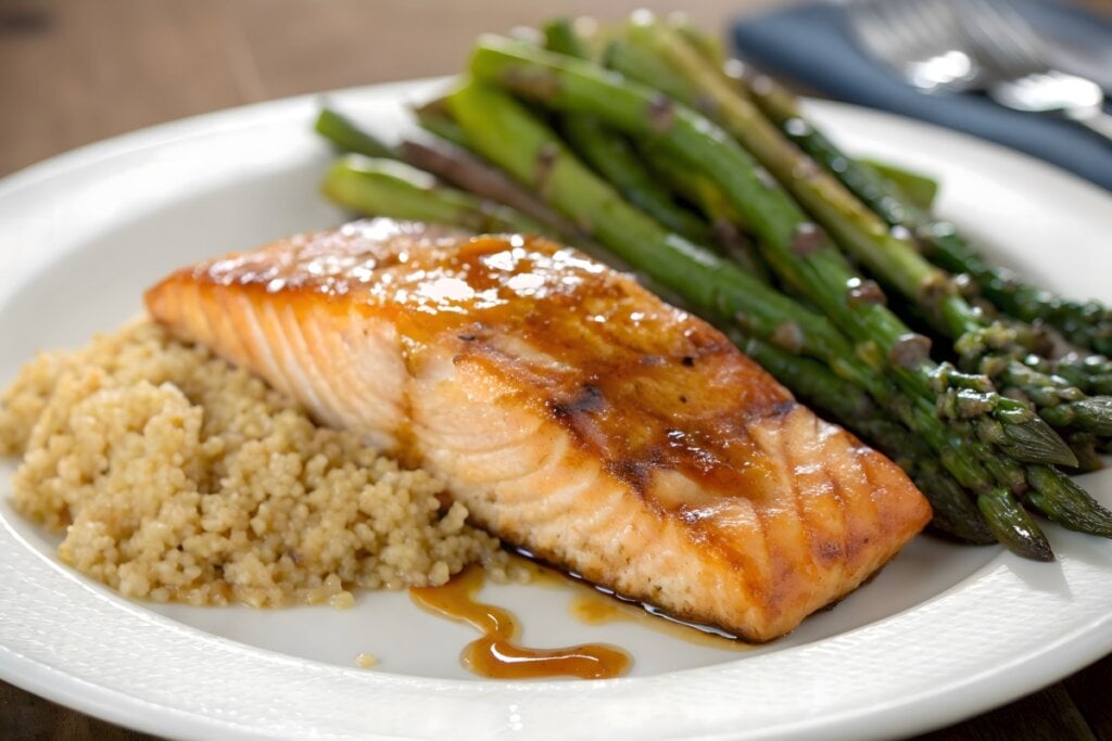Salmão grelhado com quinoa e aspargo ao forno (Imagem: Darwish.Studio | Shutterstock)