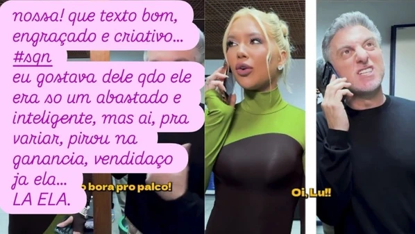 Atriz ironizou conteúdo promocional divulgado nas redes sociais dos famosos; apresentador recebeu influenciadora e a bateria da Grande Rio no Domingão