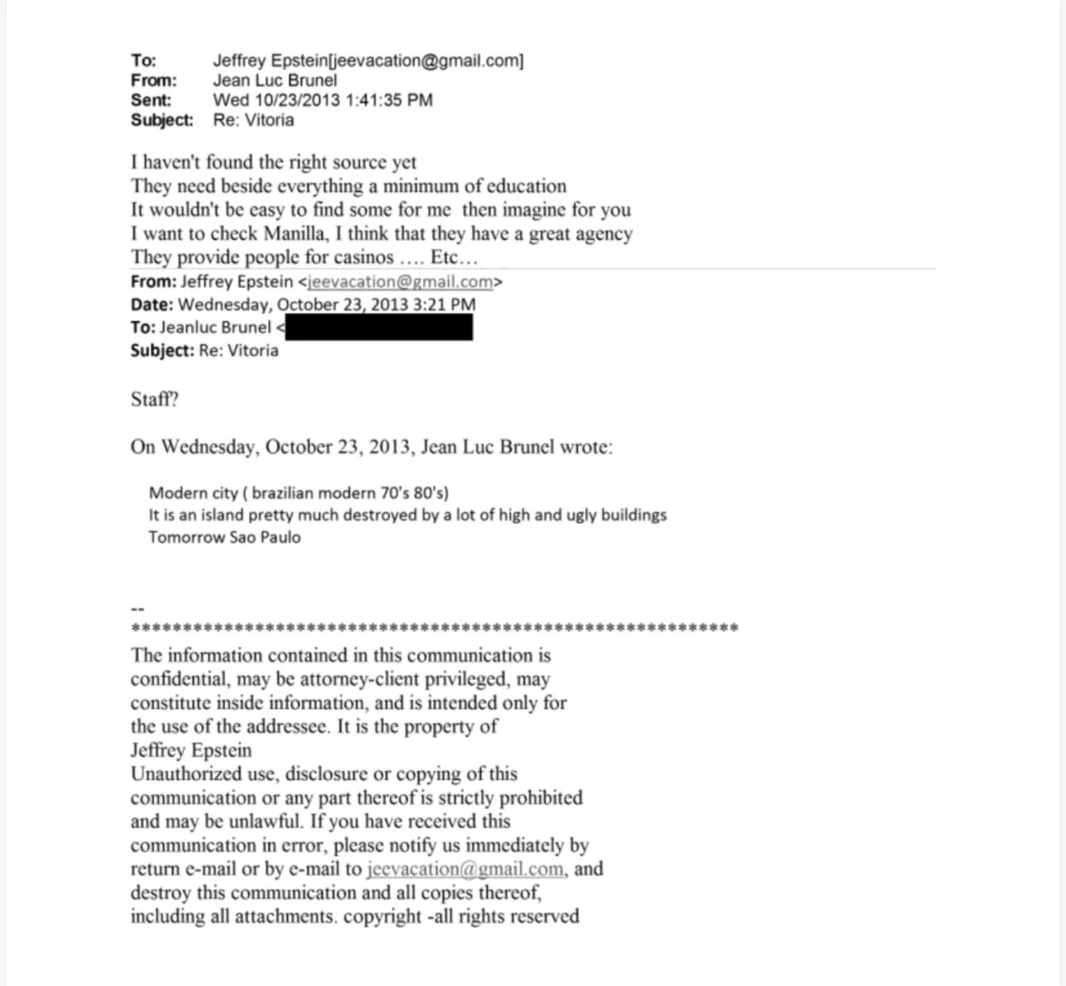 E-mails enviados por Brunel a Epstein em 23 de outubro de 2013, quando o emissário estava a serviço do bilionário americano em Vitória