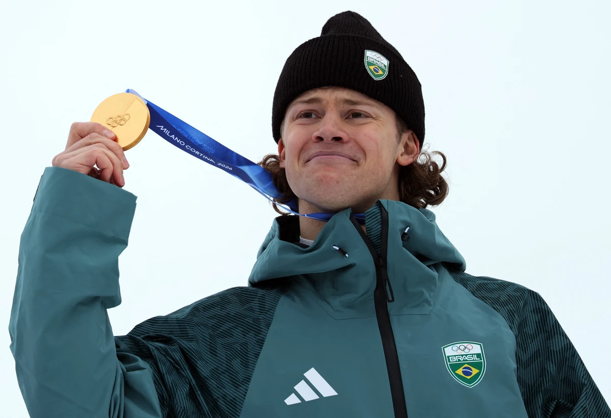 Milano Cortina 2026 Olympics - Alpine Skiing - Men's Giant Slalom Victory Ceremony - Gold medallist Lucas Pinheiro Braathen of Brazil 