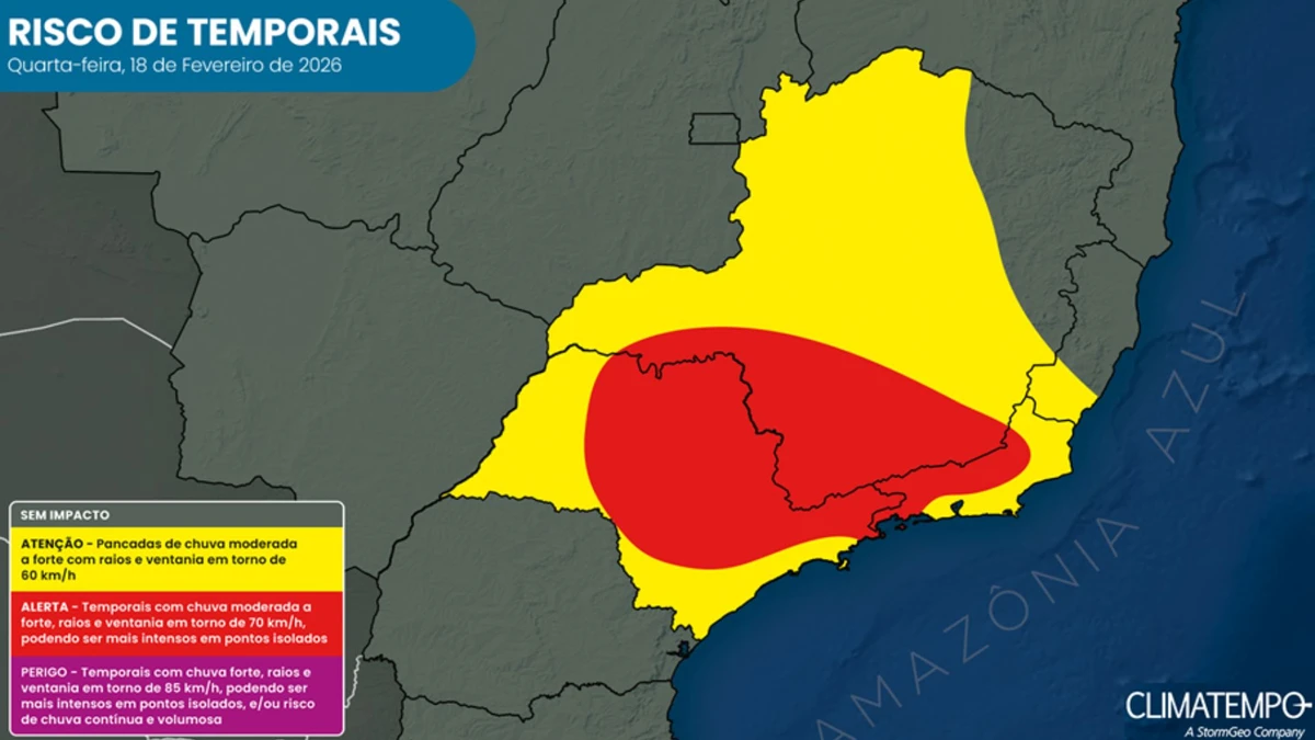 Risco de chuva forte no Sudeste para esta quarta-feira (18)