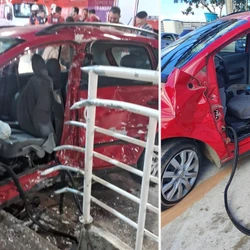 Veículo colidiu com corrimão do sambódromo; entre os feridos, está uma criança de dois anos