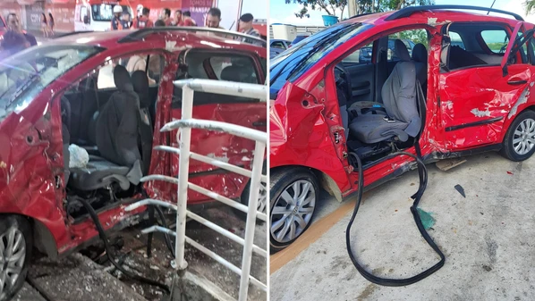 Veículo colidiu com corrimão do sambódromo; entre os feridos, está uma criança de dois anos