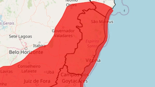 A previsão indica precipitação superior a 60 milímetros por hora ou acima de 100 milímetros por dia, volume considerado extremamente elevado