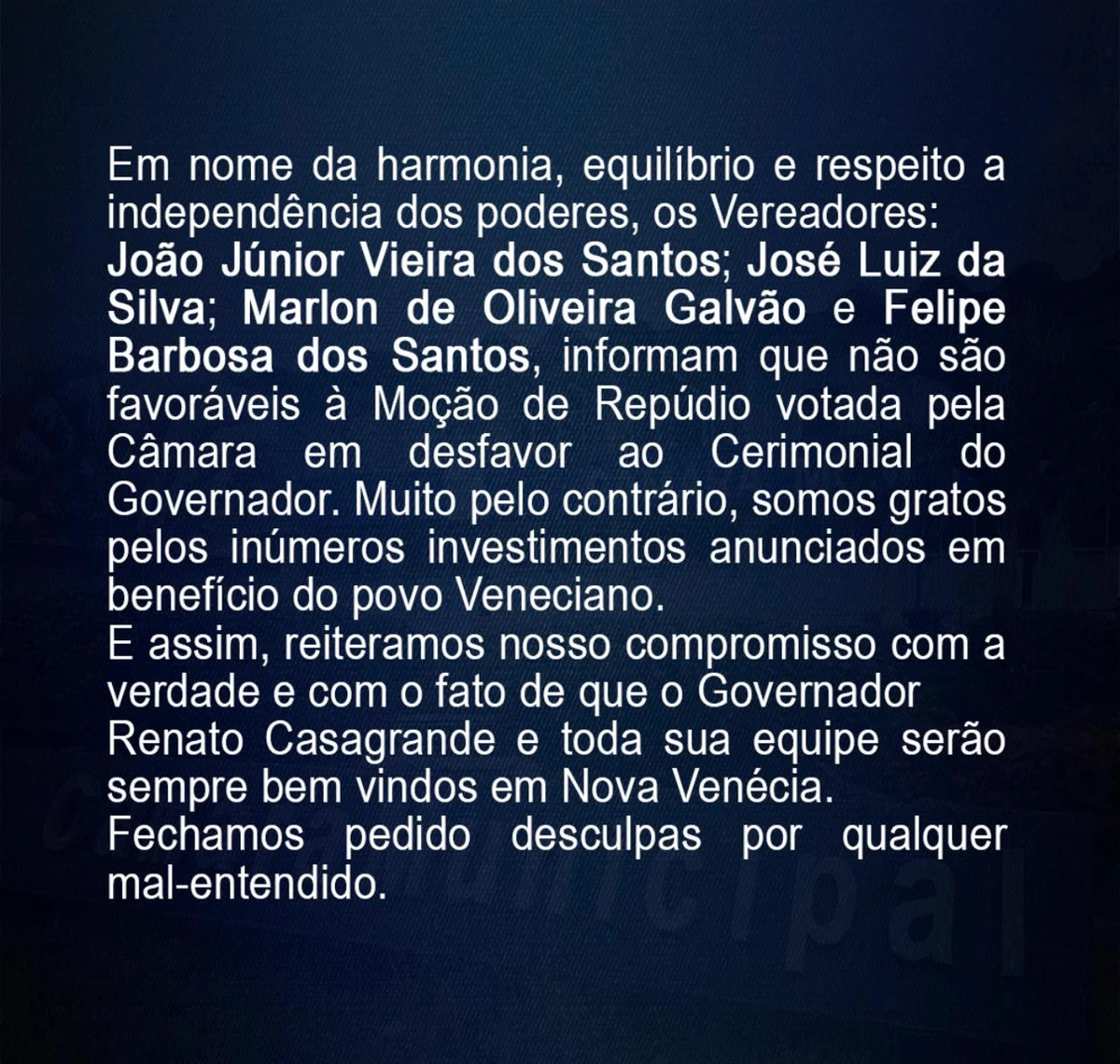 A nota de quatro vereadores contra a moção de repúdio