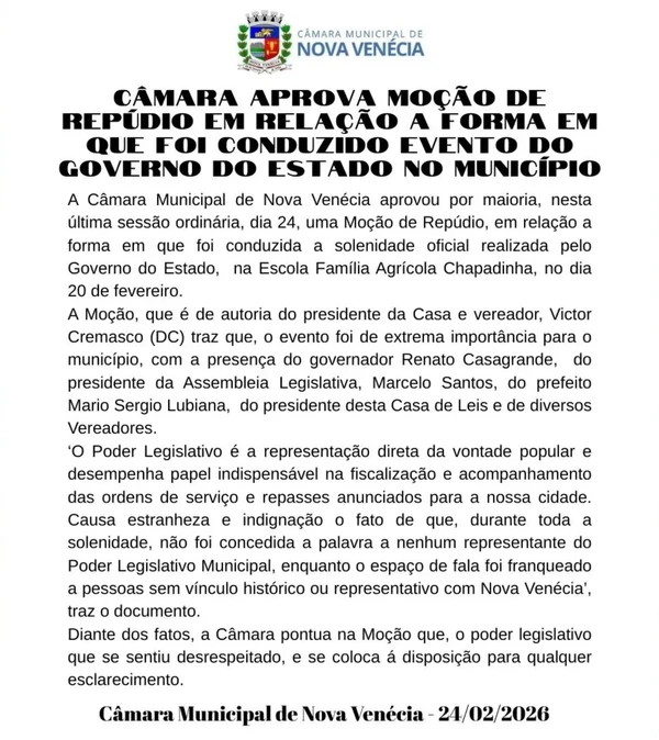 A nota de repúdio da Câmara de Nova Venécia contra o governo do Estado