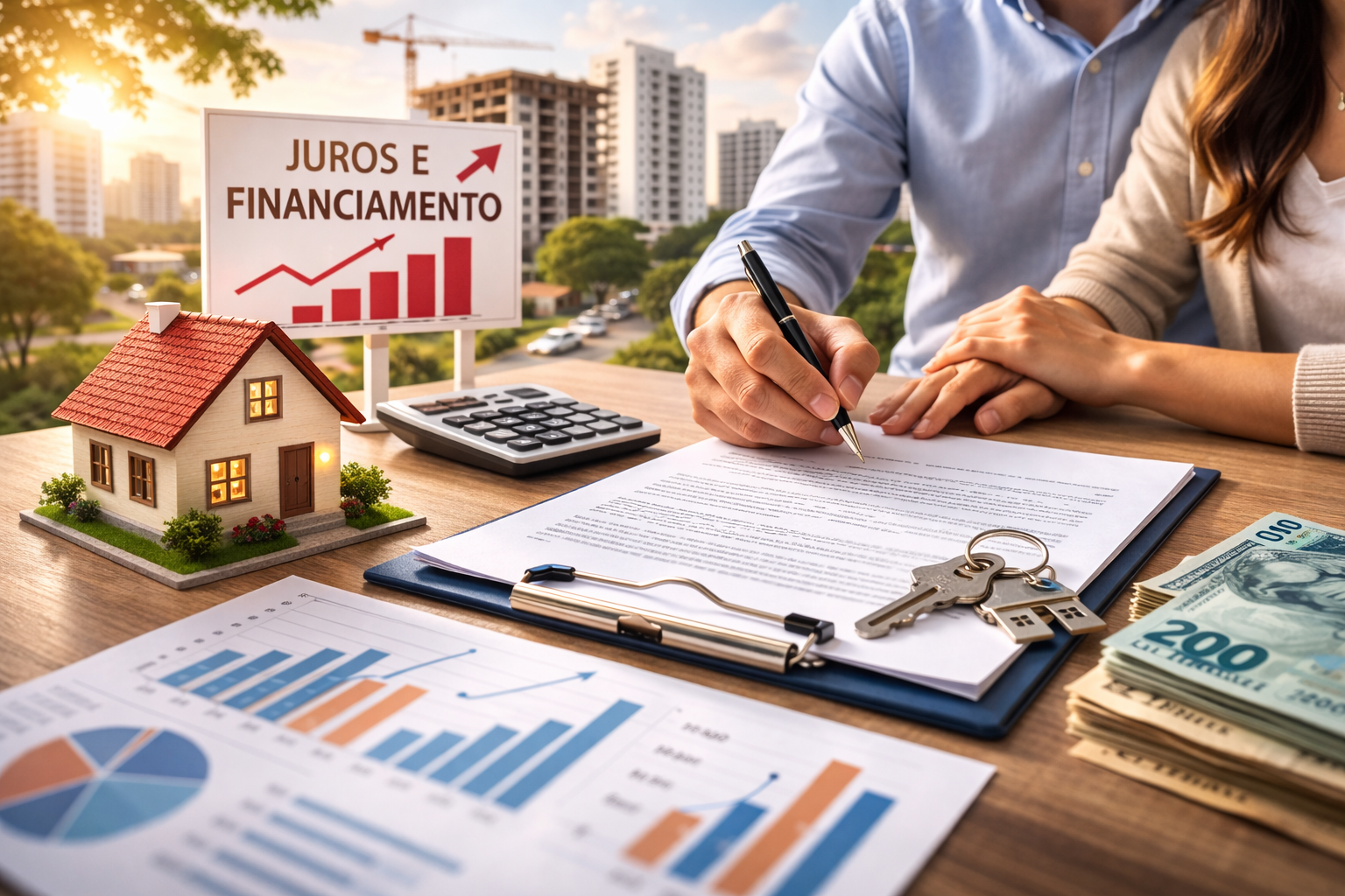 Juros elevados encarecem financiamentos imobiliários e dificultam o acesso ao crédito de longo prazo. Crédito: Imagem gerada pelo ChatGPT