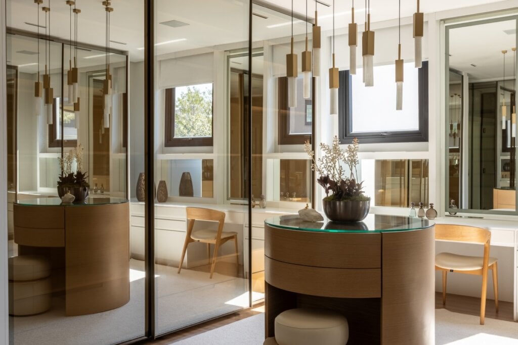 Quando integrado à marcenaria e à iluminação, o vidro reflecta reforça o luxo silencioso e valoriza o ambiente com sutileza e elegância (Projeto: Meneghisso &amp; Pasquotto Arquitetura | Imagem: JP Image)
