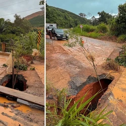 Asfalto cedeu e abriu buraco em uma ponte na rodovia ES 185 após o temporal que atingiu a cidade no Caparaó capixaba, na noite dessa quarta-feira (25)