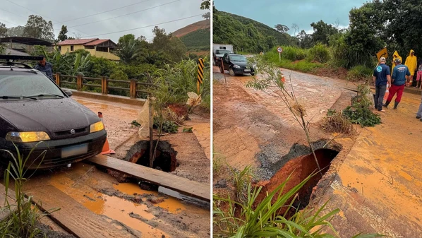 Asfalto cedeu e abriu buraco em uma ponte na rodovia ES 185 após o temporal que atingiu a cidade no Caparaó capixaba, na noite dessa quarta-feira (25)