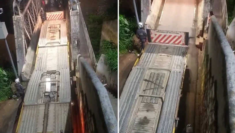 Caminhão-cegonha ficou preso ao tentar passar pela Ponte de Ferro, em Cachoeiro