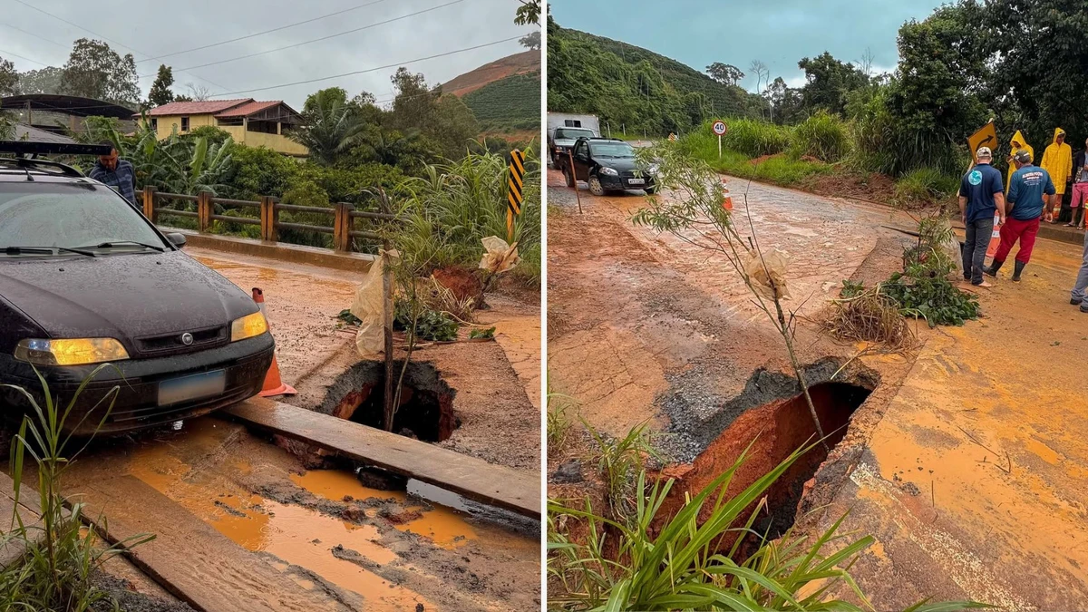 Chuvas intensas abriram buraco no asfalto em ponte na ES 185, em Iúna