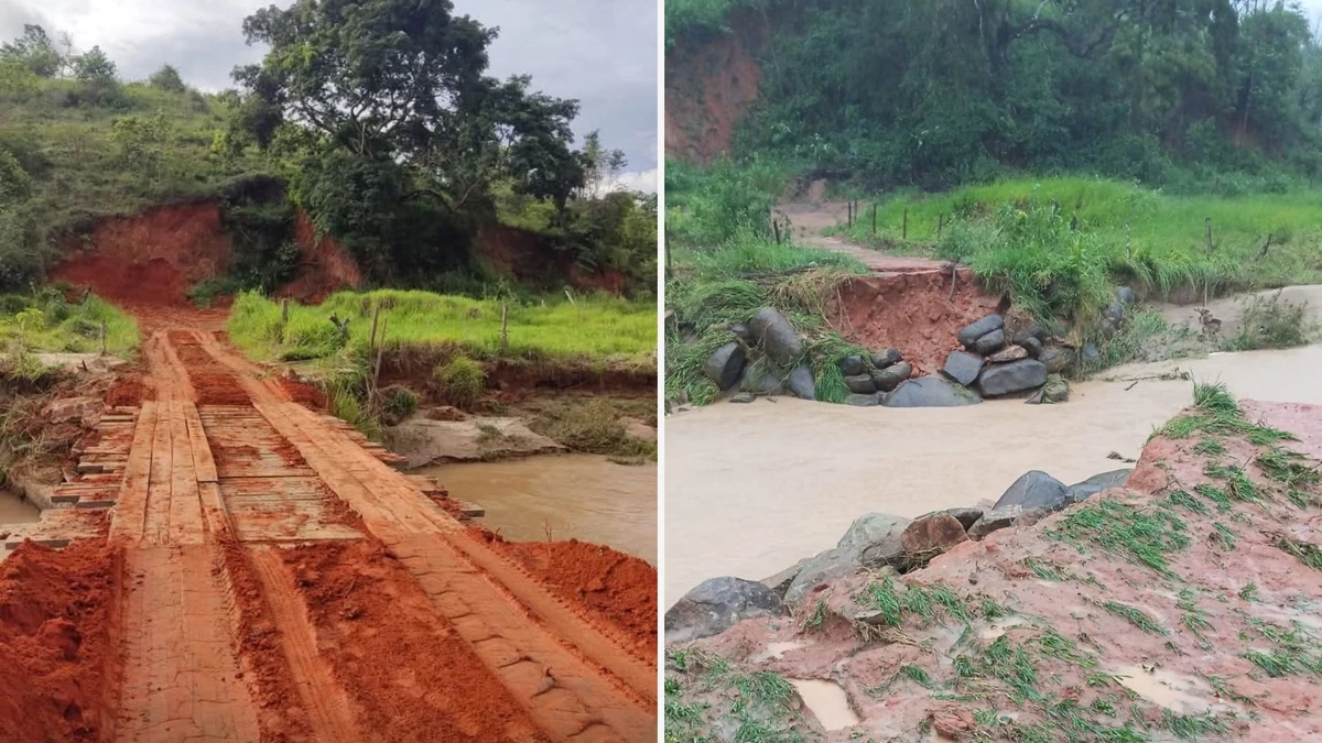 Antes e depois do local onde ponte caiu, na zona rural de Afonso Cláudio