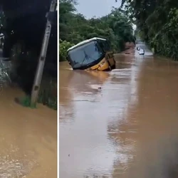 Condutor estava sozinho no veículo e não ficou ferido; choveu cerca de 90 milímetros em um período de quatro horas na cidade
