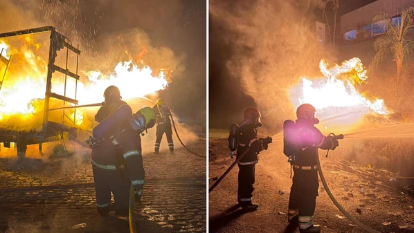 Incêndio ocorreu na descida da Serra da Boa Vista; bombeiros usaram espuma química para conter as chamas e evitar que o tanque de combustível fosse atingido