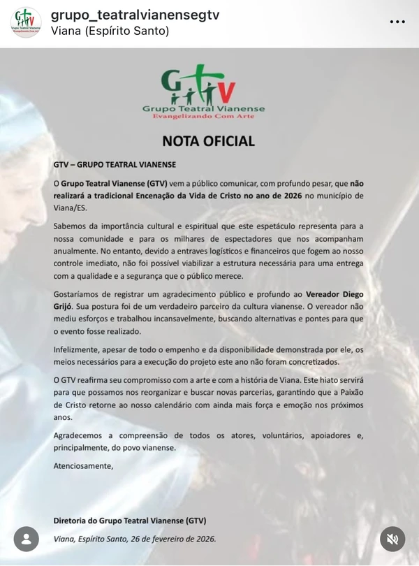 A nota do GTV anunciando que não encenará a Paixão de Cristo