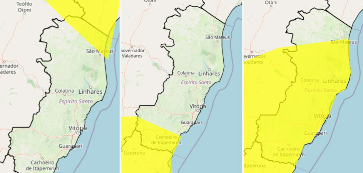 Na escala do Inmet, os avisos são de menor grau de severidade e se prolongam entre quinta-feira (5) até sábado (7); confira as regiões impactadas