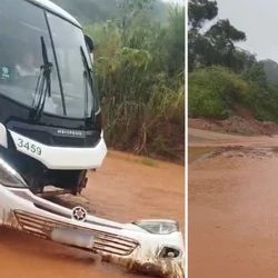 Moradores dos bairros Coronel Borges e São Geraldo registraram veículos com dificuldade de passar pela água em meio à lama