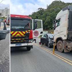 Mulher ficou presa às ferragens e foi resgatada pelos Bombeiros e Samu/192 após batida na tarde de terça-feira (10)