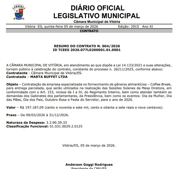 O resumo do contrato para o fornecimento de coffee break à Câmara de Vitória
