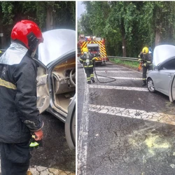 Um dos veículos invadiu a contramão em uma curva, provocou a colisão com outro carro e pegou fogo após a batida; passageira foi socorrida com traumatismo craniano